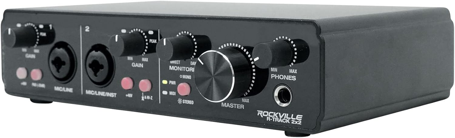 Rockville Broadcasting Bundle: R-TRACK 2x2 USB Recording Interface 24-Bit 192kHz, RMC-XLR Dynamic Metal Handheld Microphone, PRO-M50 Studio Headphones Detachable Cable, 3-items