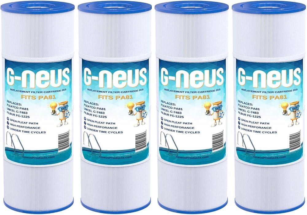 G-NEUS Pool & Spa Filter | Replaces PA81, Unicel C-7483, Aladdin 18101, Baleen AK-60450 | 81 Sq Ft Coverage (x4) | High Performance Replacement Cartridge, 4 Pack