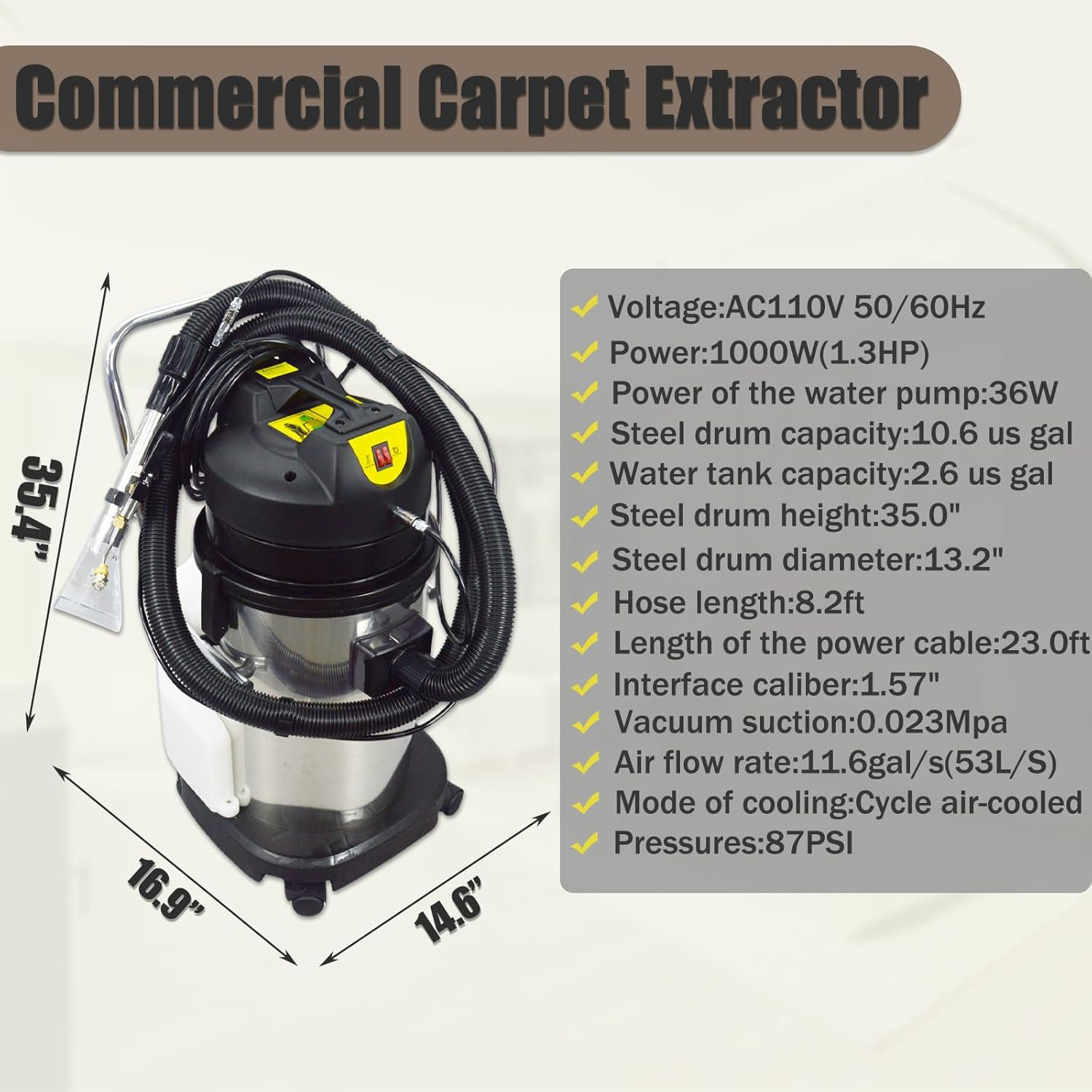 Commercial Carpet Cleaner Machine 40L/11Gal Heavy-Duty 3-in-1 Extractor Machine (Spray,Vacuum,Wash) for Hotel/Office with 23ft Cord & Steel Drum 1000W 110V