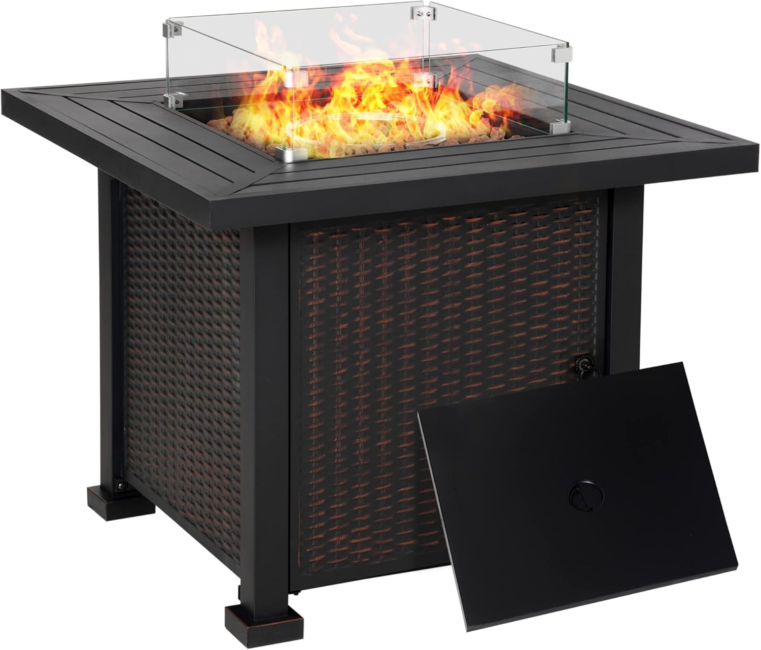 GOWE 34 Inch Outdoor Propane Gas Fire Pit Table, 50,000 BTU Auto-Ignition Square Wicker-Effect Gas Firepit with Glass Wind Guard, Lid, Lava Rocks, Steel Base, CSA Certification, Black
