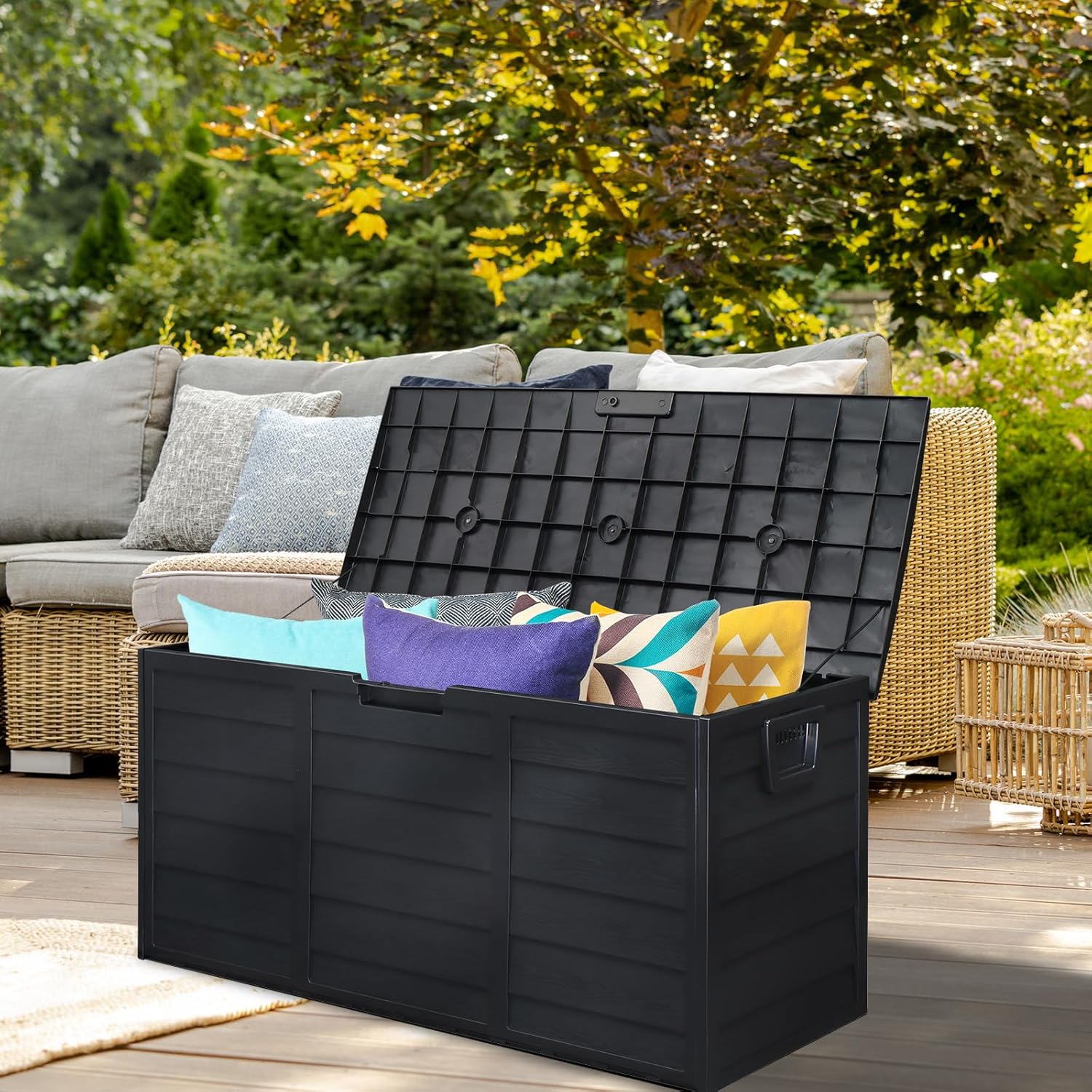 75 Gallon Waterproof Deck Box Indoor Outdoor Lockable Storage Container for Patio Furniture Cushions,Pool and Garden Tools (Black)
