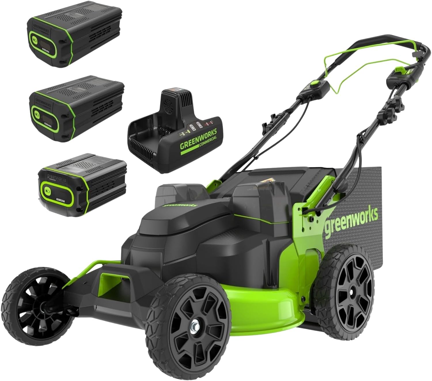 Greenworks 82V Bundle - 25” Brushless (Self-Propelled) Cordless Lawn Mower, (2) 4.0Ah Batteries and Dual Port Rapid Charger + Bonus 4.0Ah Battery (Bonus Battery)