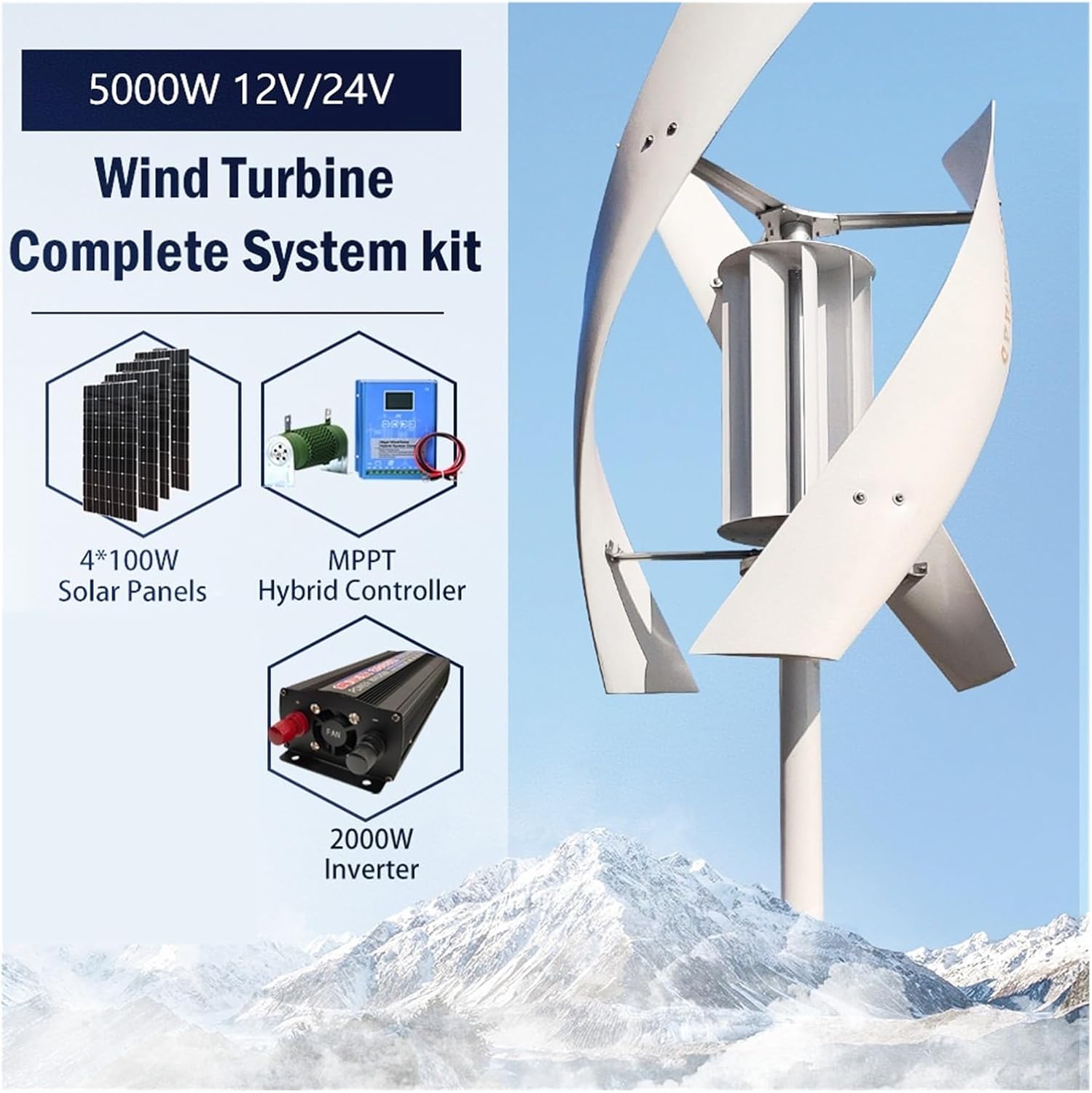 5KW Vertical Axis Wind Turbine High Voltage Generator 5000w 24V 48V with Charge Controller Household Windmill Low Starting Speed for Home(Hybrid Control,48V)