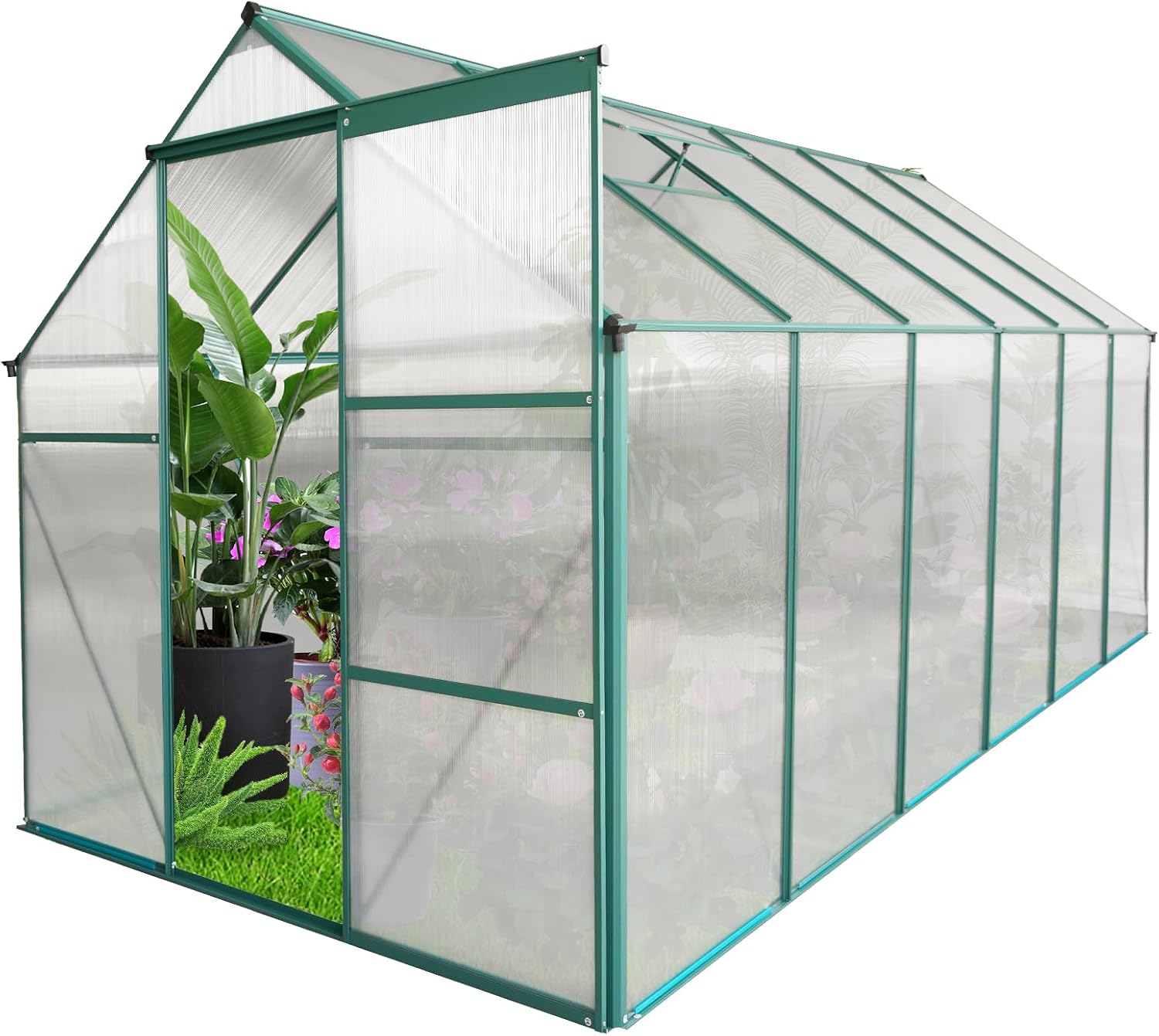 Outdoor Greenhouse with Roof Vent and Sliding Door, Polycarbonate Conservatory with Rain Gutters and Ventilated Windows for Garden Patio Backyard (Green, 6×12 Ft)