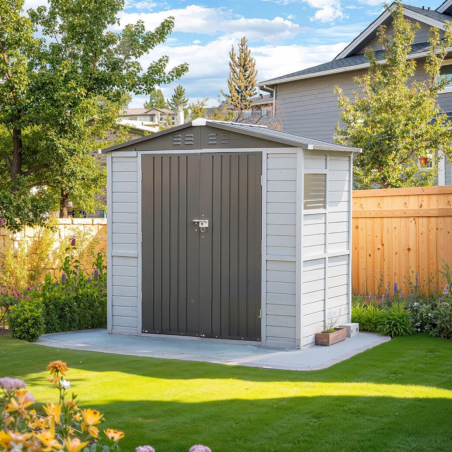 Outdoor Metal-Wood Combination Storage Shed with Floor Frame, Lockable Door, Waterproof Tool Shed with Vents for Backyard, Garden, Lawn, Bike, Garbage or Pet House (6x4 FT,Wood Gray)