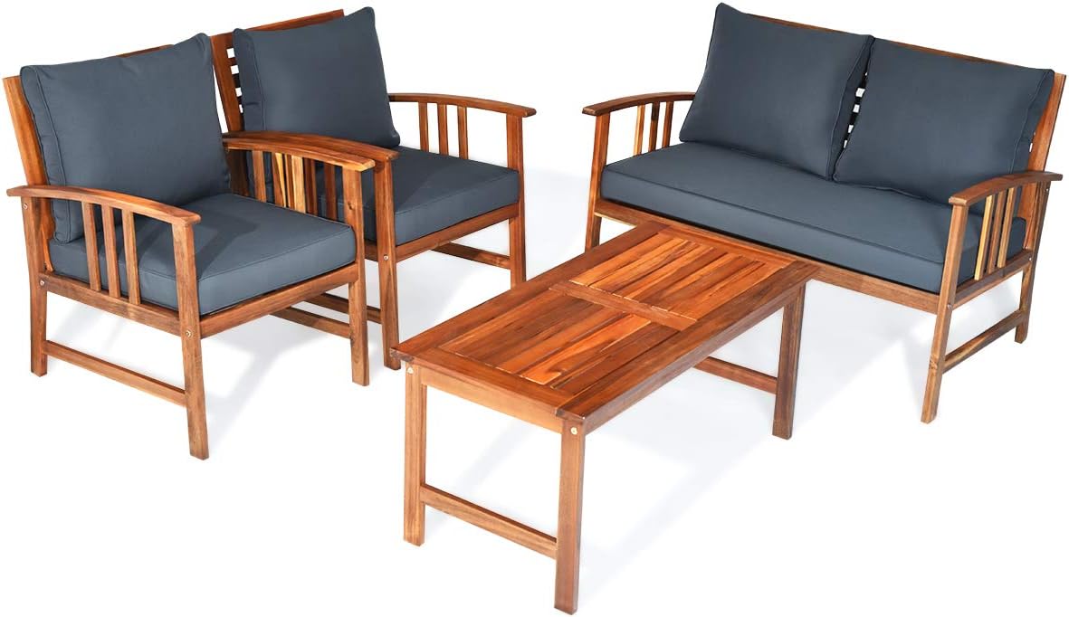 HAPPYGRILL 4PCS Wood Outdoor Patio Furniture Set w/Cushions for Seat and Back Seating Chat Set w/Coffee Table Cushioned Conversation Set for Poolside, Yard, Garden, Backyard