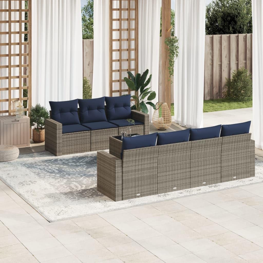 8 Piece Gray Poly Rattan Patio Sofa Set, Outdoor Furniture with Cushions, Tempered Glass Table, Modular Design for Backyard, Terrace