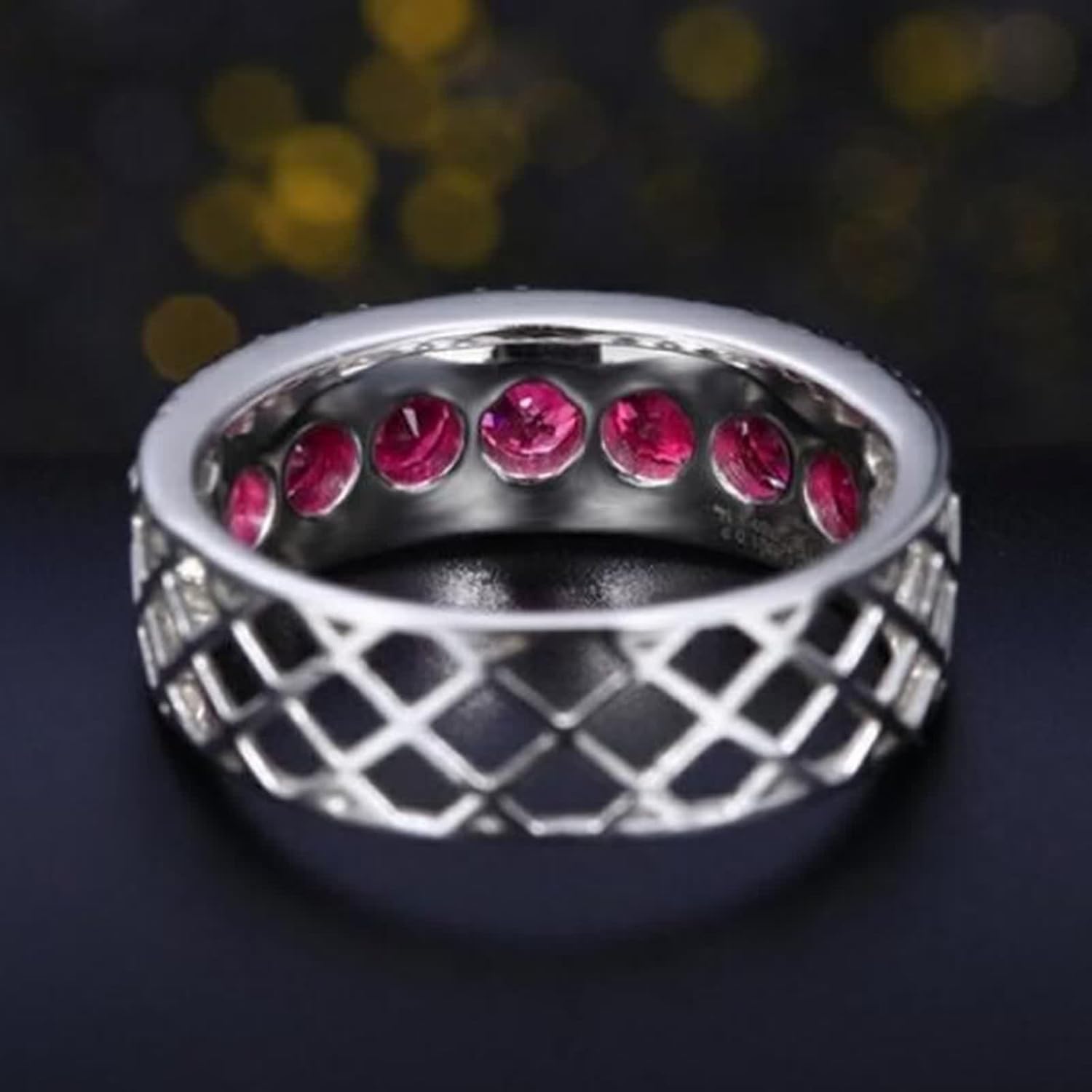 18K White Gold Ring Wedding Band, Women's Rings Lab Created Ruby Drill Row White Gold Jewelry with Moissanite for Engagement