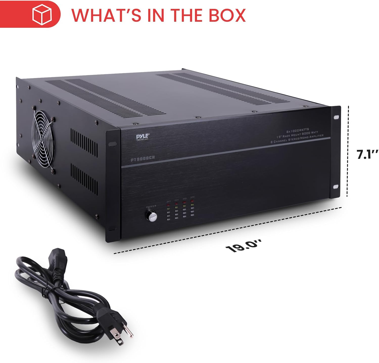 Pyle 4 Multi-Zone Stereo Amplifier - 19” Rack Mount, Powerful 8000 Watts with Speaker Selector Volume Control & LED Audio Level Display, 4-Ch. Bridgeable Switches - PT8000CH