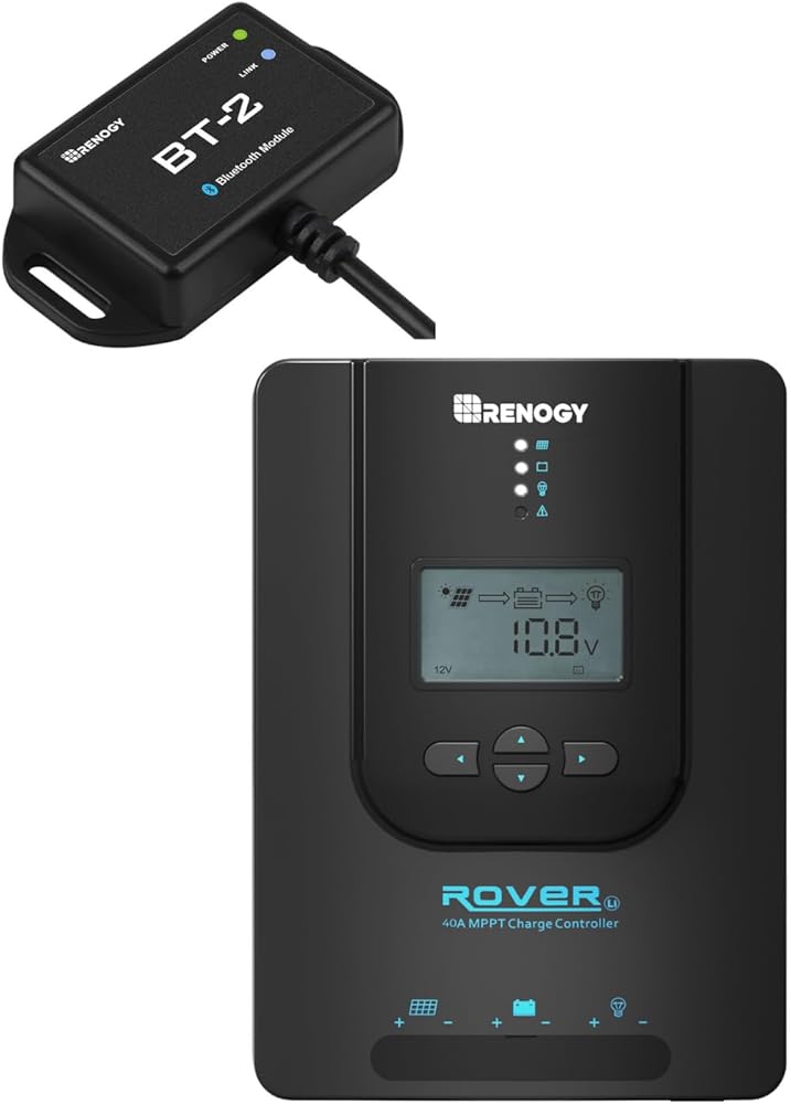 Rover 40A MPPT Solar Charge Controller & BT-2 Smart Monitor - Auto 12V/24V for Lithium/AGM/Gel Batteries + Wireless App Control, 6kV Surge, IP54 Waterproof