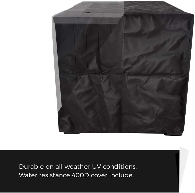 MASE 24-Inch Square Small Outdoor Patio Propane Gas Fire Pit Table.304 Stainless Steel Tabletop w/Arctic Ice Glass Rocks and Black Powder Coating Aluminum Body. No Assembly Required