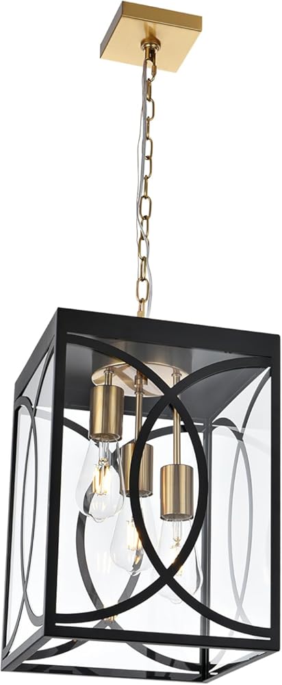 Outdoor Pendant Light Fixtures, Modern 3-Lights Exterior Hanging Lantern Clear Glass Panel, Black Large Outdoor Chandelier for Porch Patio Front Door