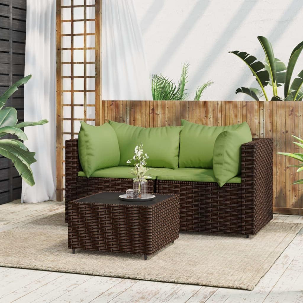 3 Piece Patio Lounge Set with Cushions Brown Poly Rattan, Patio Lounge Set for Outdoor Relaxation and Dining Patio Furniture & Accessories, Outdoor Seating
