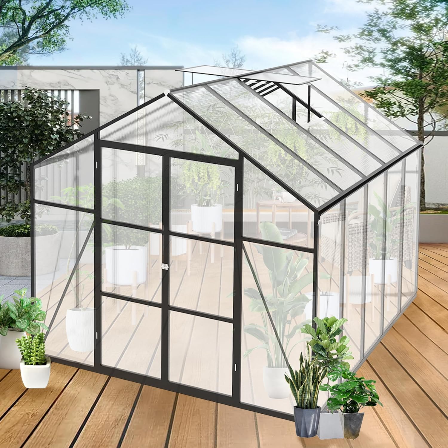 8x10 FT Greenhouses for Outdoor,Heavy Duty Polycarbonate Greenhouse,Large Walk-in Garden Green House with Raised Base,Double Doors and Two Ventilation Windows for Outside, Backyard,Black