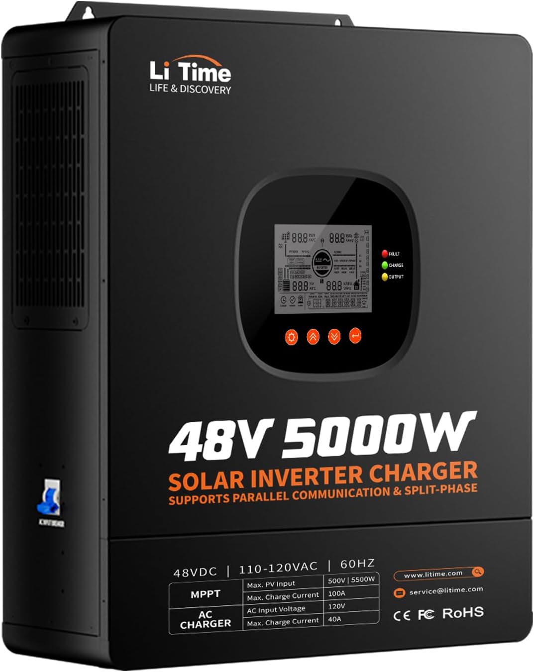 LiTime 5000W Pure Sine Wave Inverter, 48V DC to 120V AC Solar Hybrid Inverter Charger, Parallel Split-Phase for 240V, Build in 100A MPPT Solar Charger Controller for Home Backup, Off-Grid, Farm