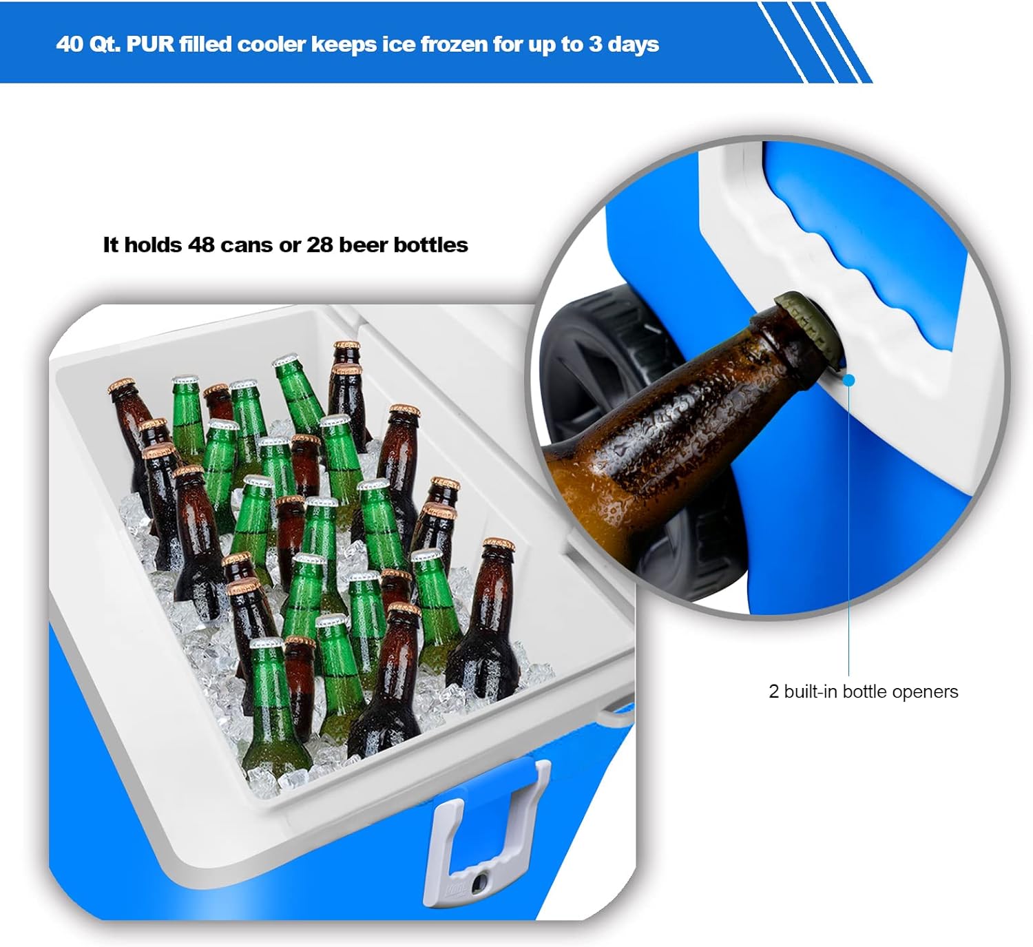 KoolMAX Cooler with Bluetooth Speaker System, 350W Boombox, 40 Qt Cooler, Rechargeable, USB 12V Car Cigarette Lighter Power Station, Guitar Amplifier, Radio, PA Machine, Karaoke, Blue