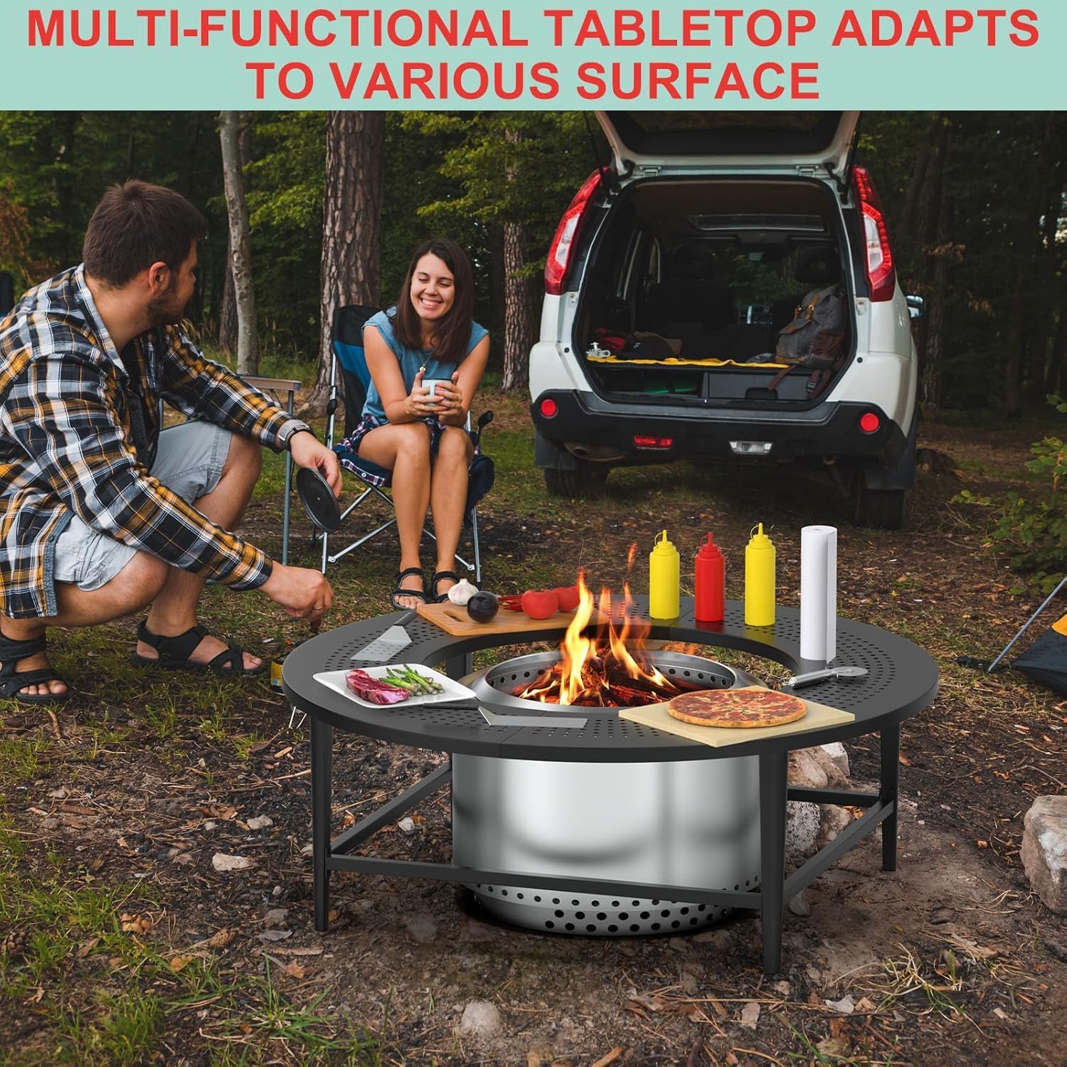 38 Inch Fire Pit Surround Tabletop for Solo Stove Bonfire/Ranger/Tiki Accessories, Smokeless Fire Pit Table & Dust Cover for Solo Stove and Other Wood Burning, Powder-Coated Steel Stove Table Surround