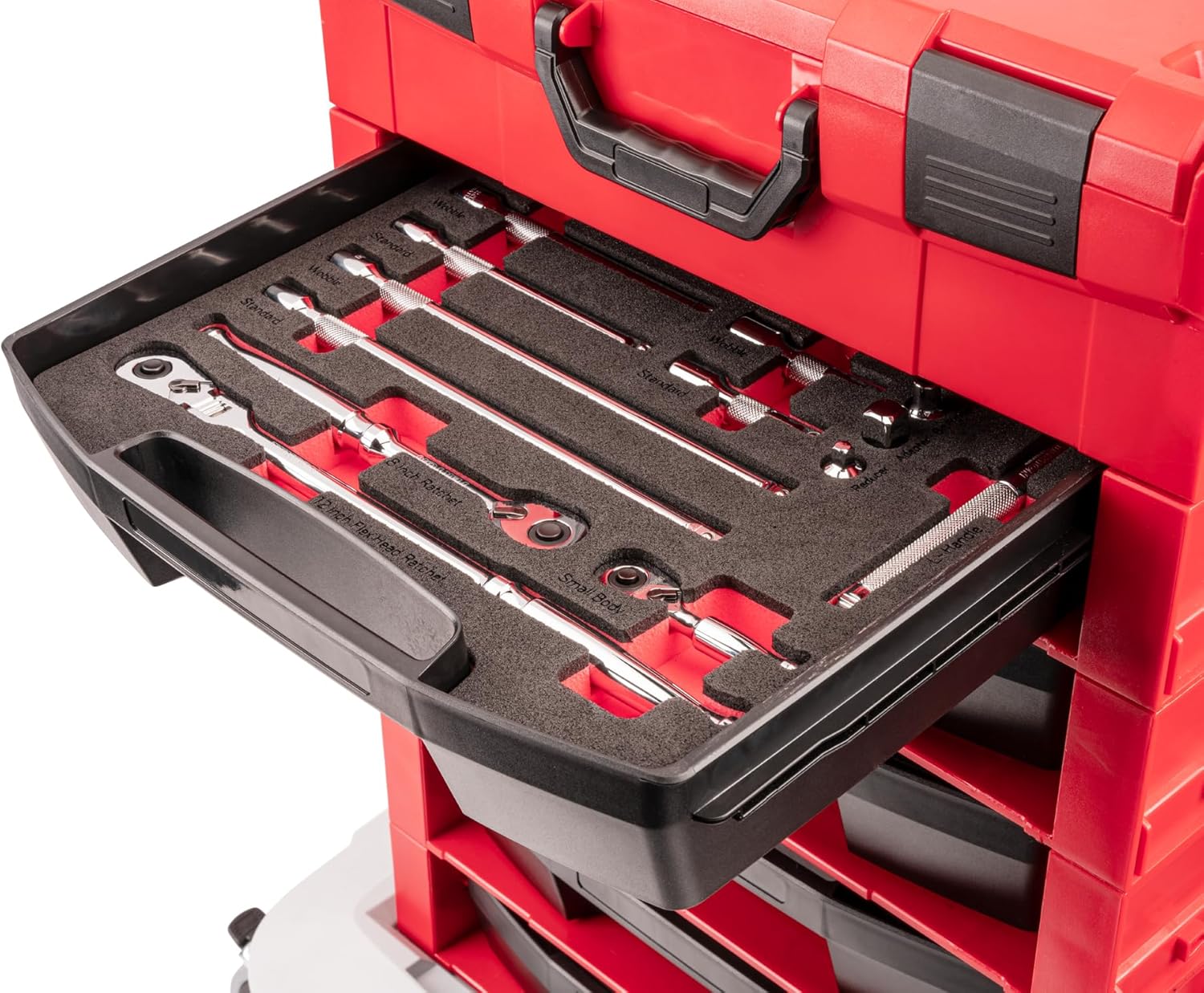TEKTON 3/8 Inch Drive Ratchet and Accessories Set with Open Top Drawer and Rack (15-Piece) | SKT96401