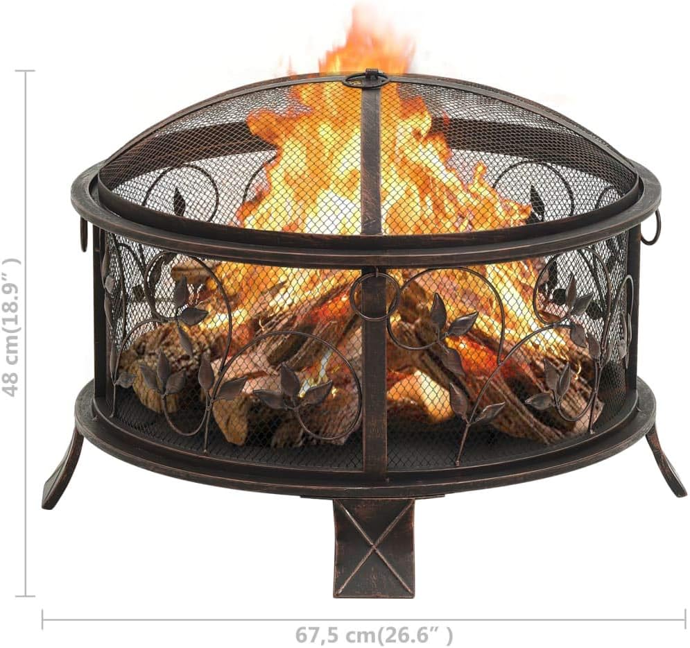 Steel Rustic Fire Pit with Metal Poker and Mesh Cover, Absorbing and Radiating Heat Outdoor Fire Pit Round Fireplace for Garden Patio 26.6