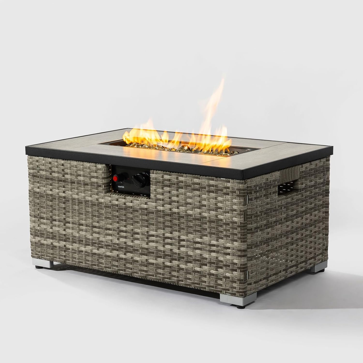 Penau Beige Rattan Fire Pit Table with Ceramic Tile Top and Tank Holder for Outdoor Use