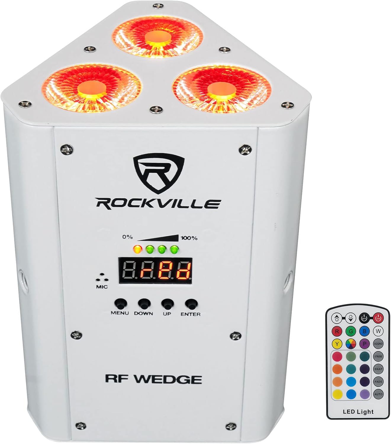 Rockville RF Wedge White Bundle: (8) 54-Watt RGBWA and UV Battery Wireless DMX Par Up Lights with RF Remote, ROCKFORCE W4 384-Channel Wireless DMX Lighting Controller with MIDI, 9-Items