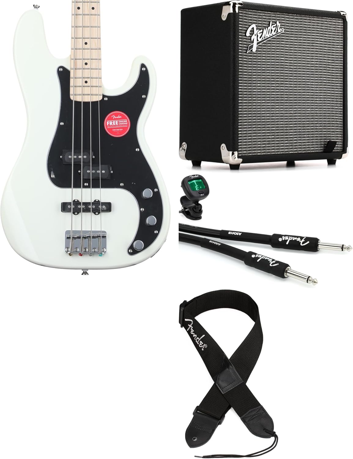 Fender Squier Affinity Series Precision Bass Bundle - Olympic White with Maple Fingerboard, Includes Bass Guitar, Amplifier, Cable, Strap, and Tuner - Perfect for Beginners and Experienced Players