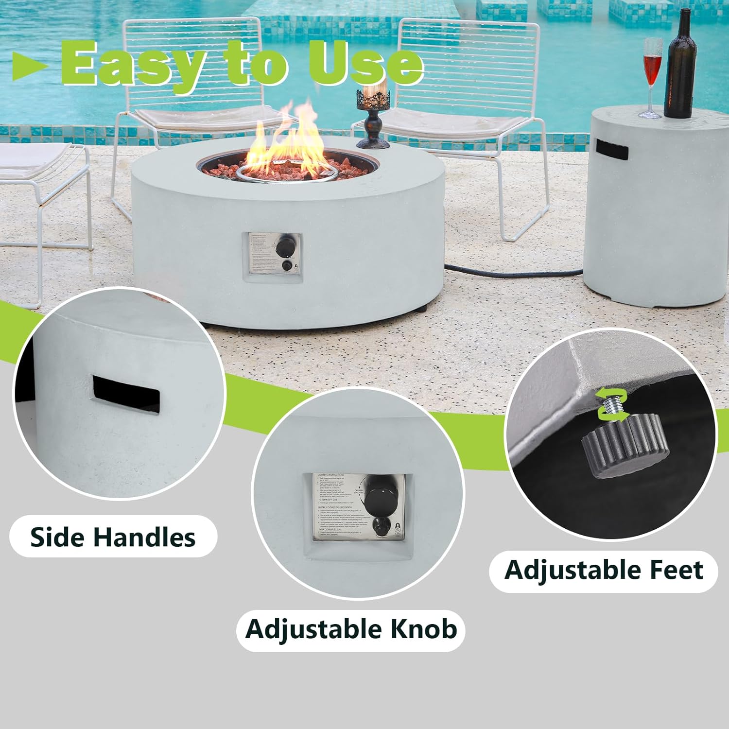 36 Inch Round Propane Fire Pit Table,50,000 BTU Concrete Gas Fire Table with Lid,Tank Cover,Lava Rocks & Rain Cover,CSA Certified Outdoor Firepit for Patio,Backyard Deck,Gray