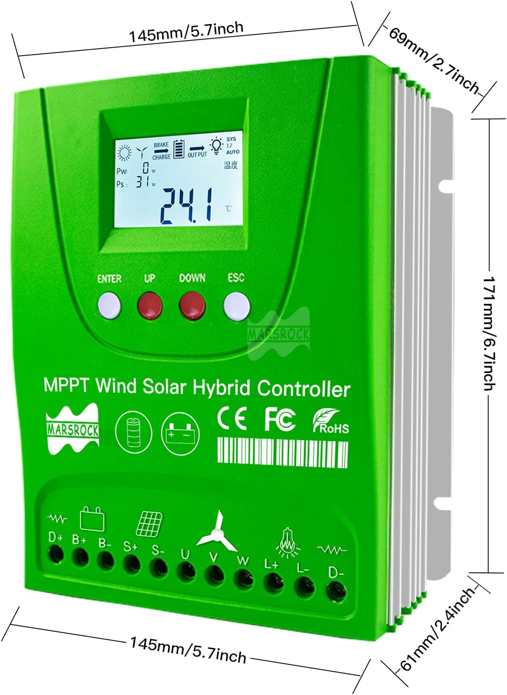 Mars Rock 2000W 12V/24V Auto 0~1000W Wind 0~1000W Solar MPPT Wind Solar Hybrid Controller Pioneer Version Charge Lithium & Lead Acid Gel Battery (Without Bluetooth)