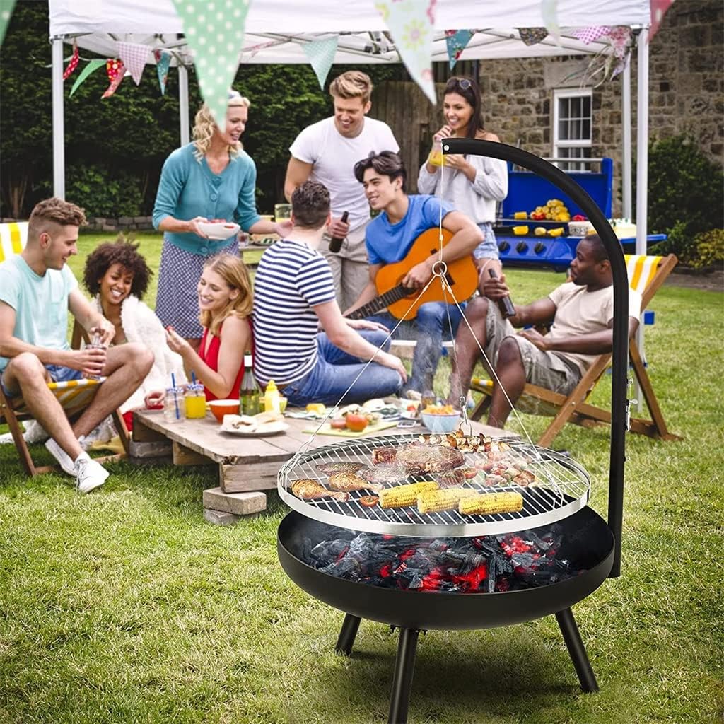 Outdoor Bbq Fire Pit Bowl Tripod Hanging Swivel Grill Adjustable for Camping
