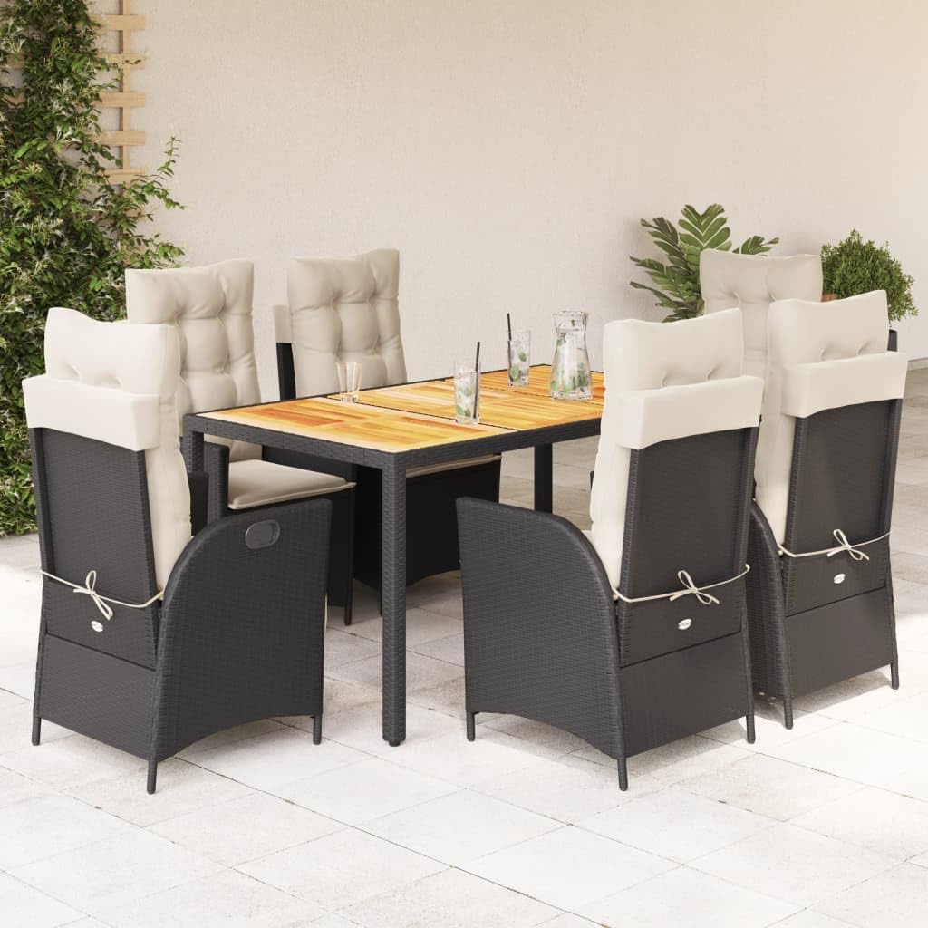 7 Piece Patio Dining Set with Cushions Black Poly Rattan,Outdoor Garden Dining Set with Adjustable Backrests and Acacia Wood Table Furniture Sets for Patio, Lawn & Garden