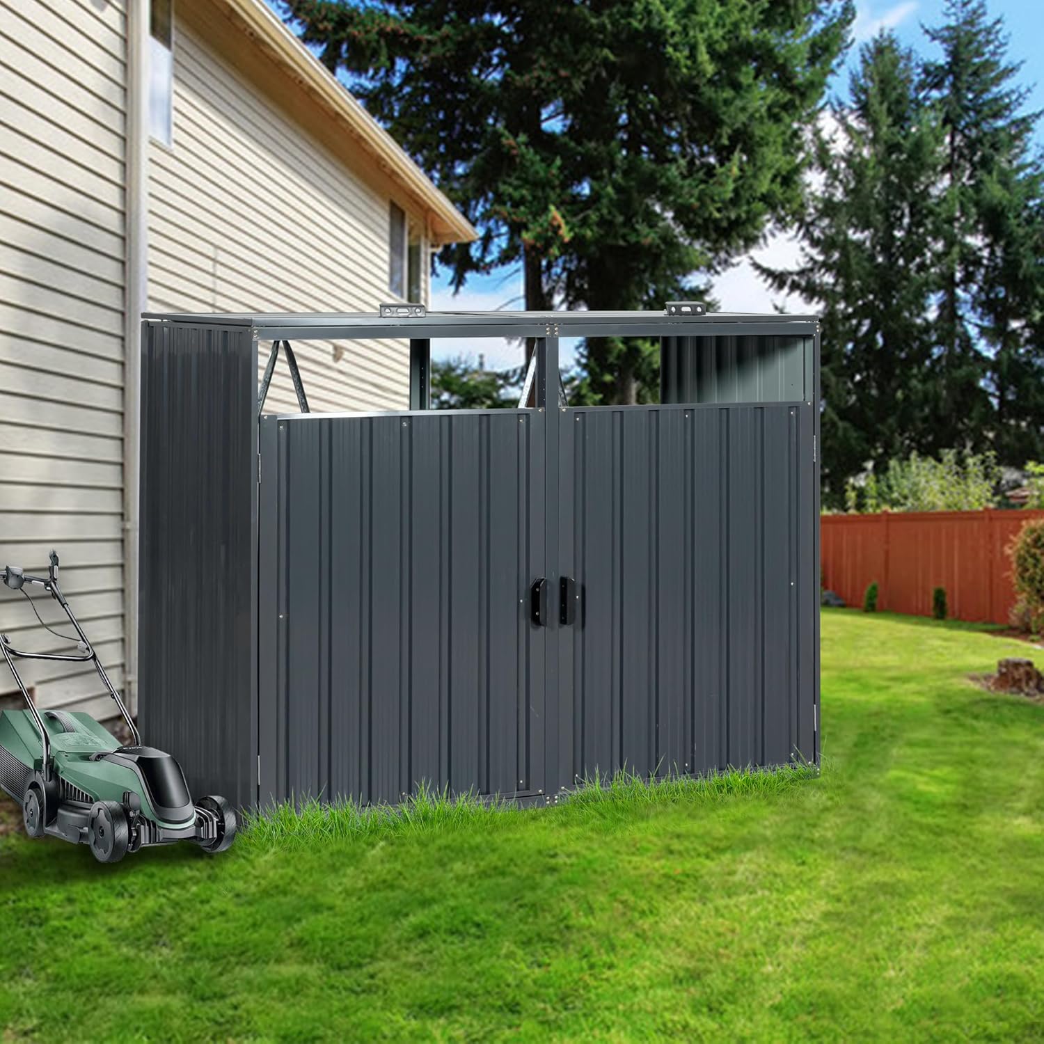 Outdoor Garbage Bin Shed, Metal Trash Bin and Recycling Storage Sheds for 2 Trash Cans, Waterproof Garbage Storage House for Garden Patio Yard Lawn, Charcoal Grey