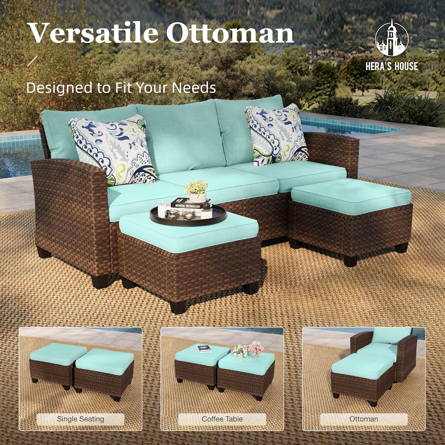 HERA'S HOUSE Patio Furniture Set with Fire Pit Table, Outdoor Wicker Furniture, All Weather Deep Seating Conversation Sofa Set, Brown Rattan Chairs for Deck Backyard, Blue