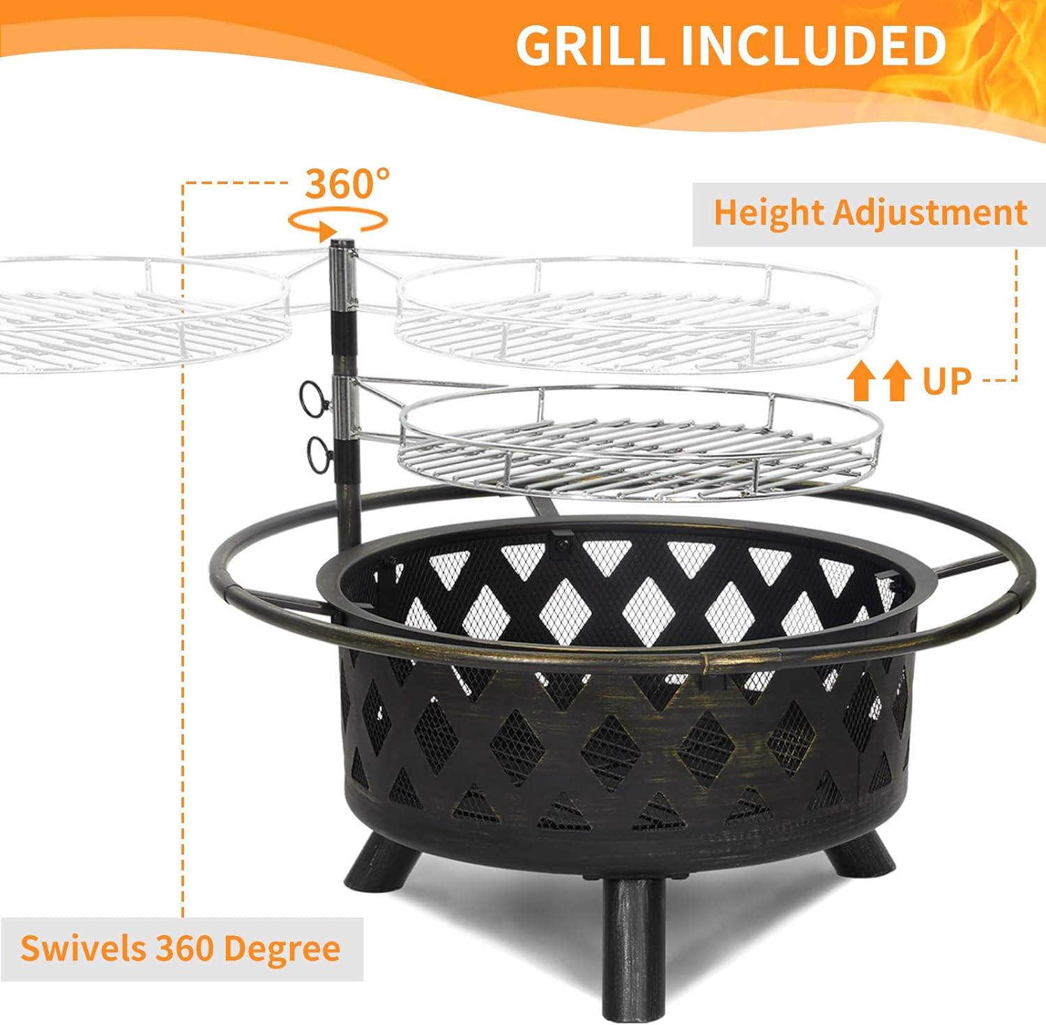 UDPATIO 2 in 1 Fire Pit with Grill for Outside Round 30 Inch Outdoor Wood Burning Firepit Large Steel Firepit with Swivel Cooking Grate Lid Poker, BBQ Grill for Backyard Bonfire Patio