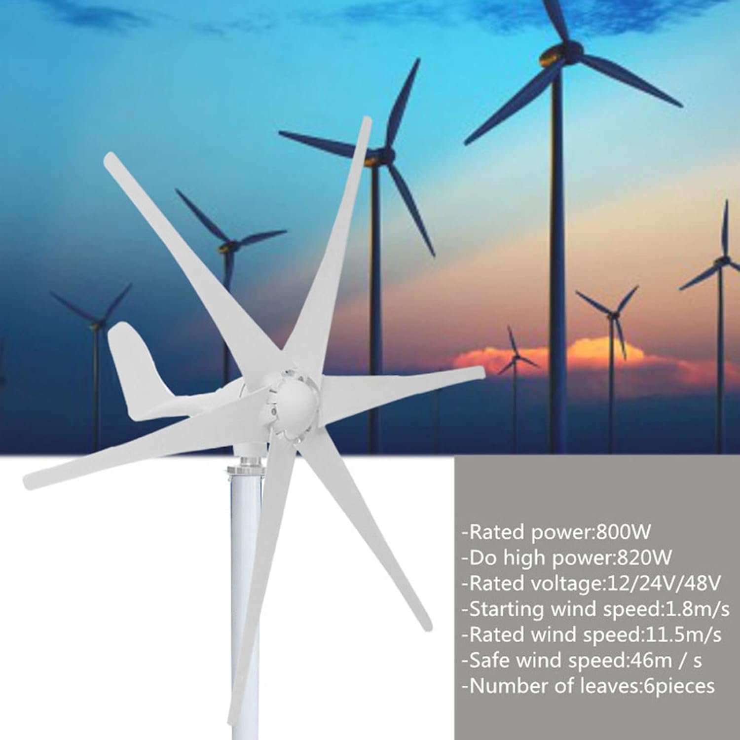 800W 24V/48V with Controller Home Small Wind Turbine Low Noise Wind Turbine Kit 6 Blades with Controller Home Wind and Solar Complementary (Color : White, Size : 24v)