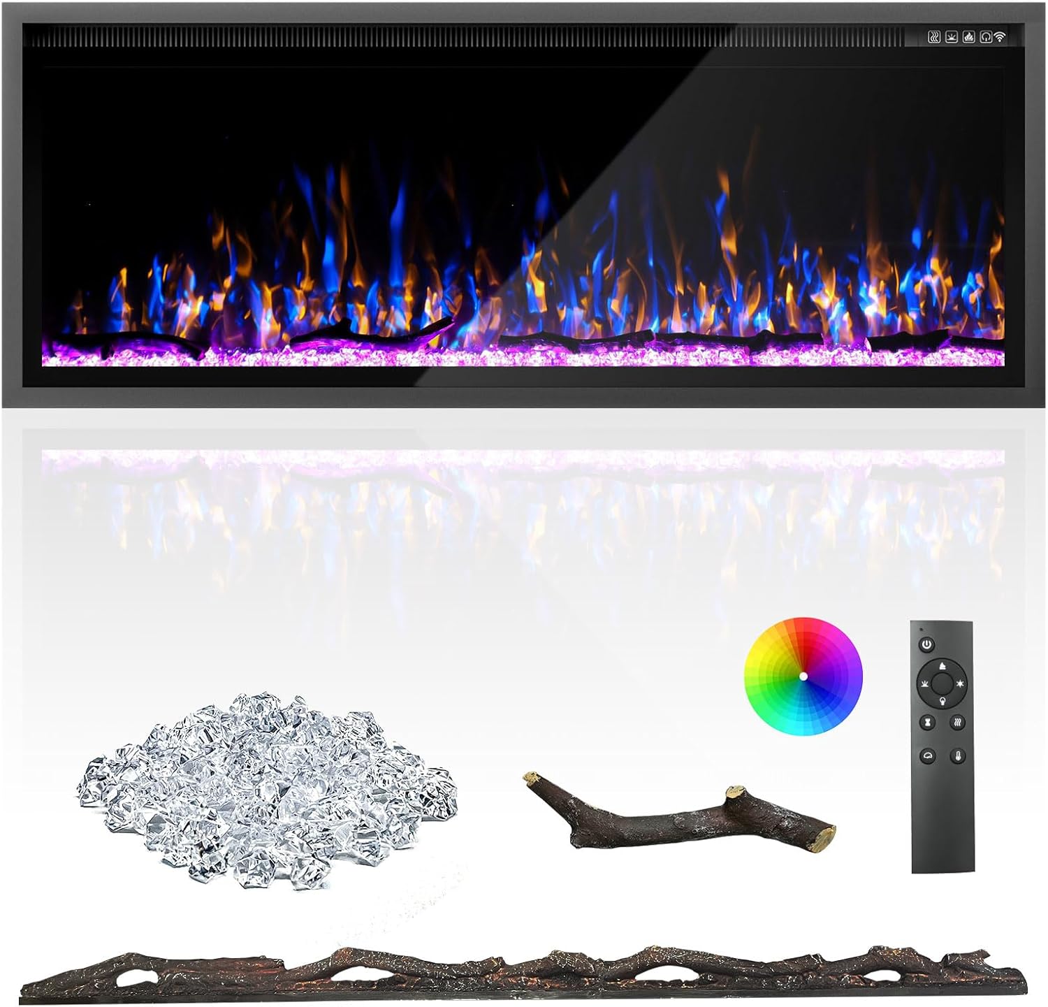 50 Inch Electric Fireplace Aluminum Frame-Ultra Silm Fireplace Recessed/Wall Mount, Log, Driftwood & Crystal Option, Wall Fireplace Electric w/Remote Control, Thermostat, Timer, 750w/1500w