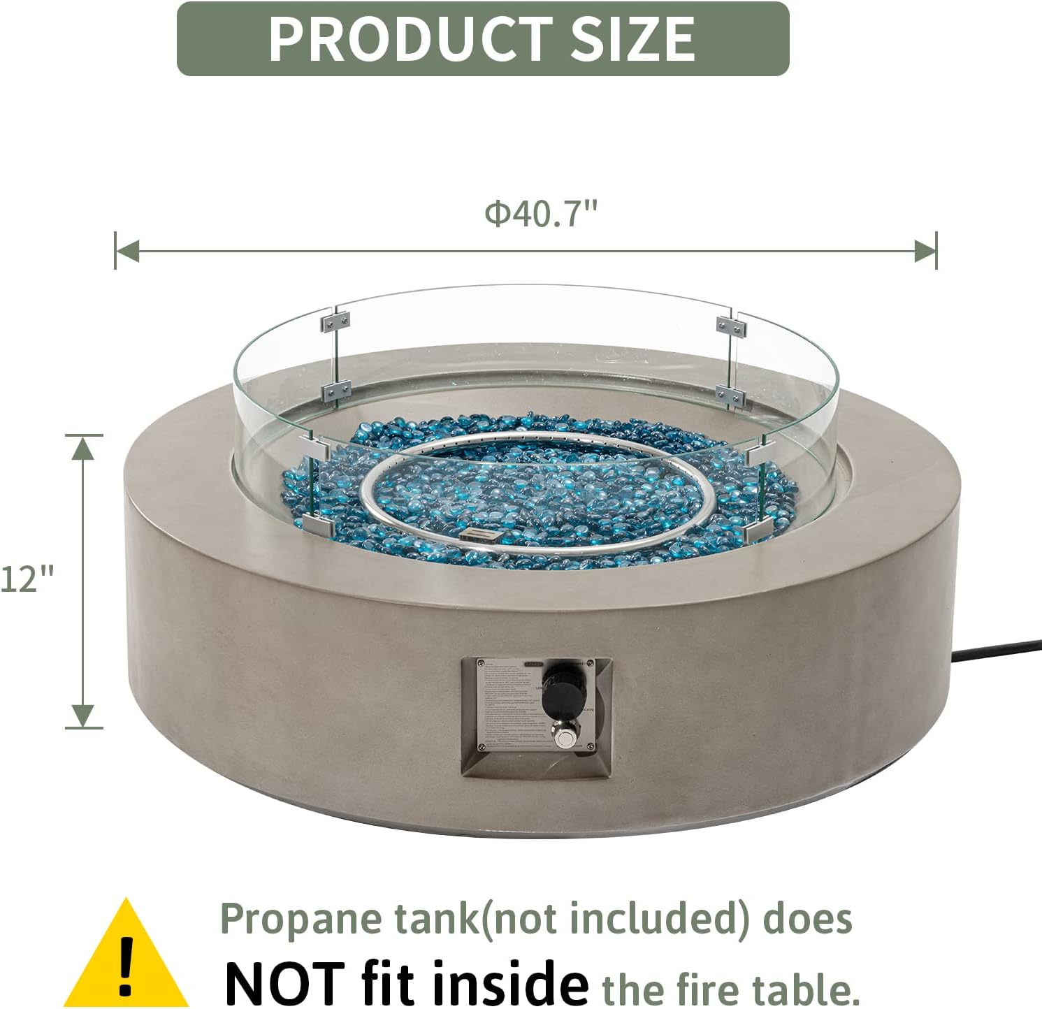 COSIEST Outdoor Propane Fire Pit Coffee Table w Gray 40.5-inch Round Base Patio Heater, Certified, 50,000 BTU Stainless Steel Burner, Wind Guard, Aqua Blue Fire Glass, Rain Cover