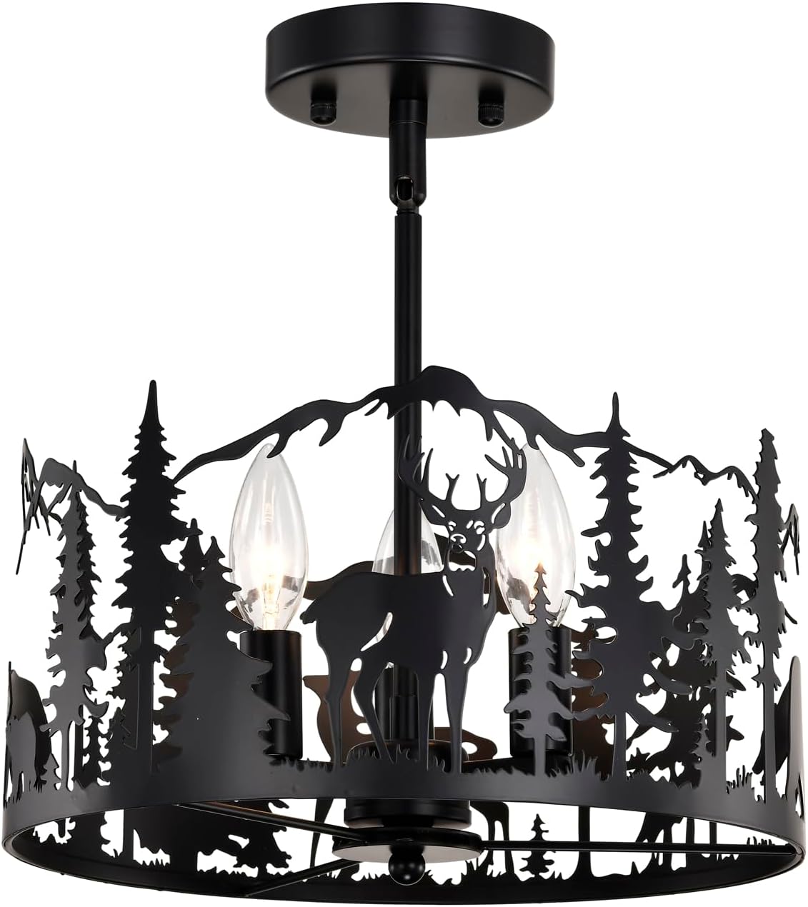 Rustic Semi Flush Mount Ceiling Light,3-Light E12 Base Living Room Light Fixture Deer Bear Design,Farmhouse Round Metal Kitchen Chandelier,Industrial Black Chandeliers For Dining Room,Bedroom,Hallway