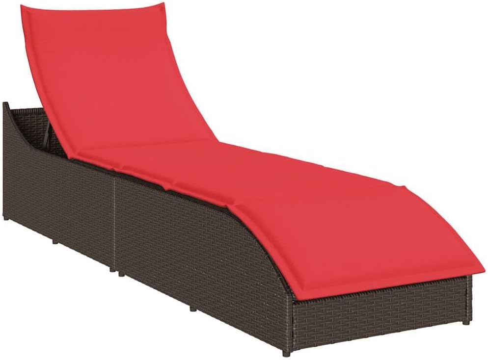 Patio Lounges Folding Sun Lounger with Cushion and Storage Brown Poly Rattan