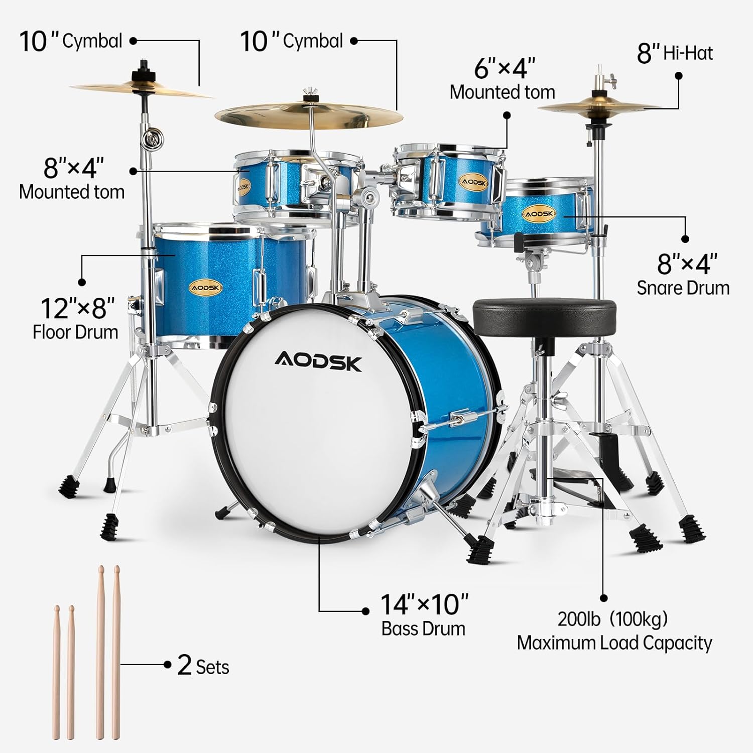 AODSK Drum Sets 5-Piece for Beginners, 14 inch Full Size Complete Drum Kit with Adjustable Throne, Cymbal, Hi-Hat, Pedal & Drumstick