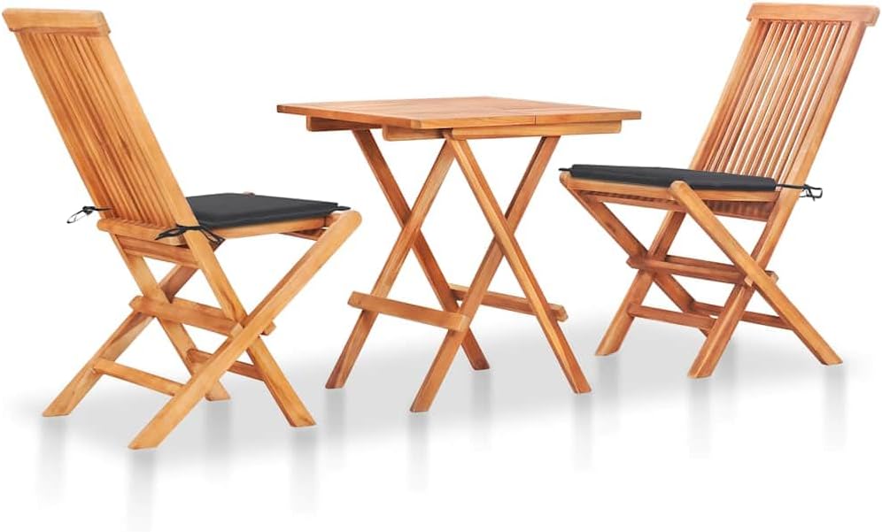 3 Piece Bistro Set with Anthracite Cushions Solid Teak Wood Garden Furniture