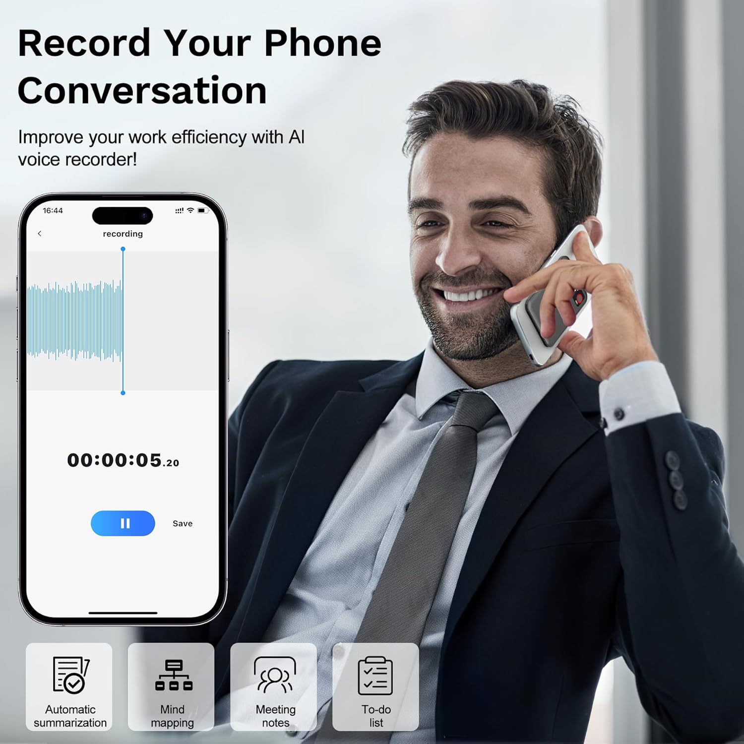 64GB AI Voice Recorder for Meetings,Calls&Lectures - Voice to Text Sound Audio Recorder with Bluetooth,App Control,Transcribe&Summarize by ChatGPT,Dictaphone Recording Device Built-in Magnetic