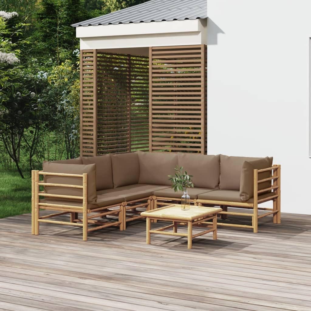 Garden Lounge Set Taupe Bamboo Fiber, 6-Piece Modular Patio Furniture, Rectangular Outdoor Table and Chairs, Oiled Finish, for Balcony, Seating for