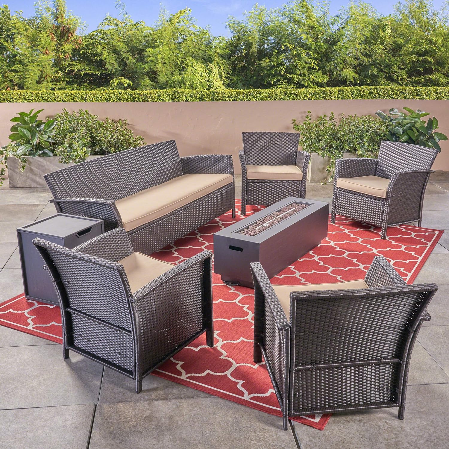 Great Deal Furniture GDFStudio Outdoor 7 Seater Wicker Chat Set with Fire Pit, Brown and Tan and Dark Gray