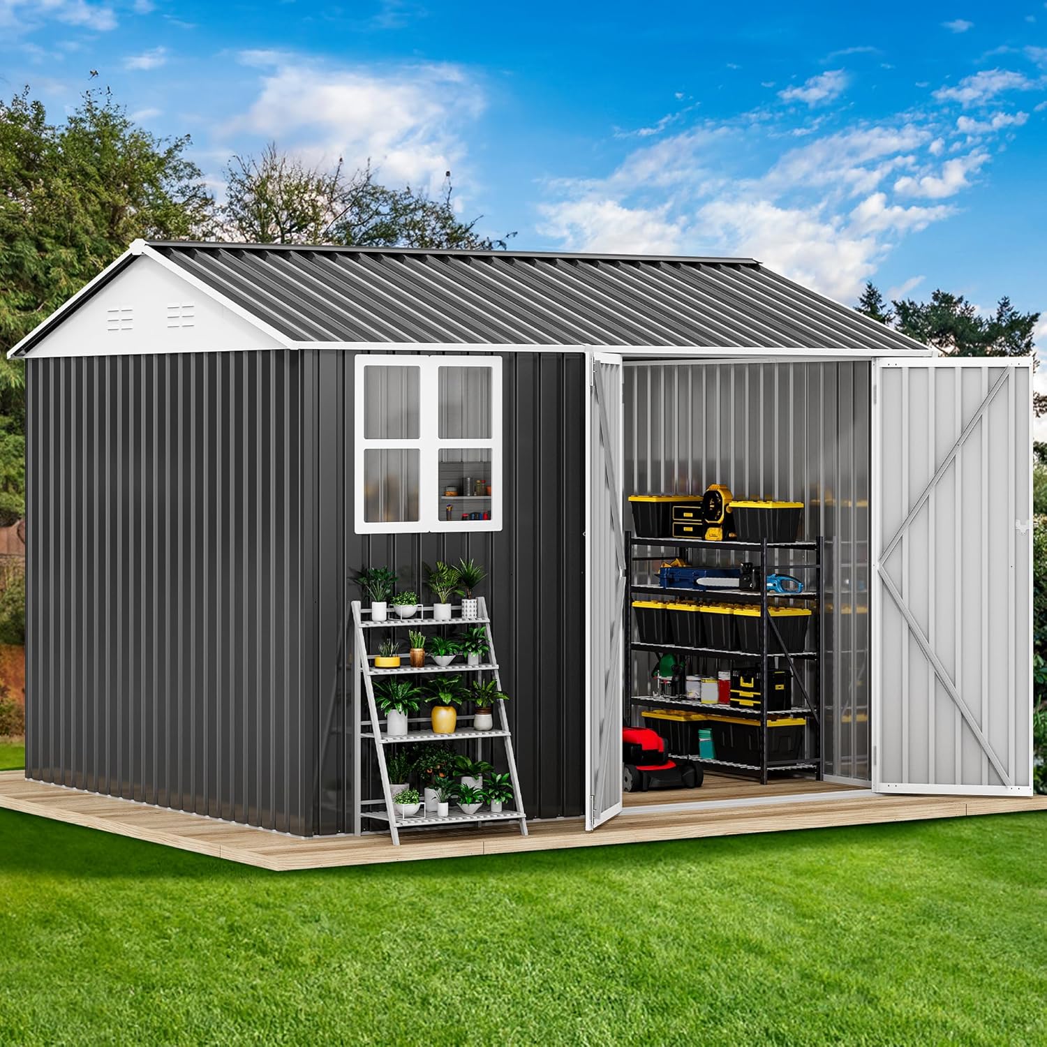 DWVO 10x8ft Metal Outdoor Storage Shed with Window, Lockable Tool Storage Sheds, Oversized Steel Garden Sheds with Sloped Roof for Backyard, Patio, Garage, Lawn, Dark Gray