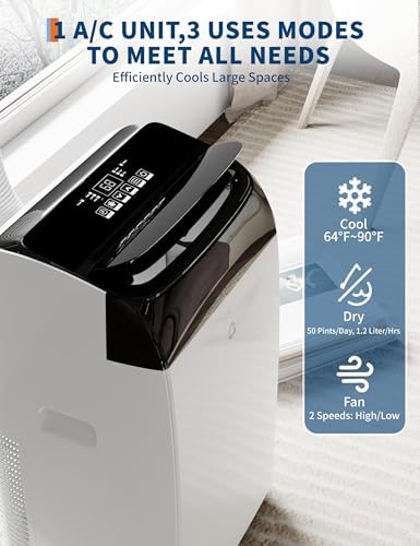 14,000 BTU Portable Air Conditioner with Cover, US Regulation Size - 3-in-1 Cooling, Dehumidifying & Fan Modes, Remote Control, 24H Timer, Auto Evaporation, Sleep Mode, Easy Installation Kit for Home