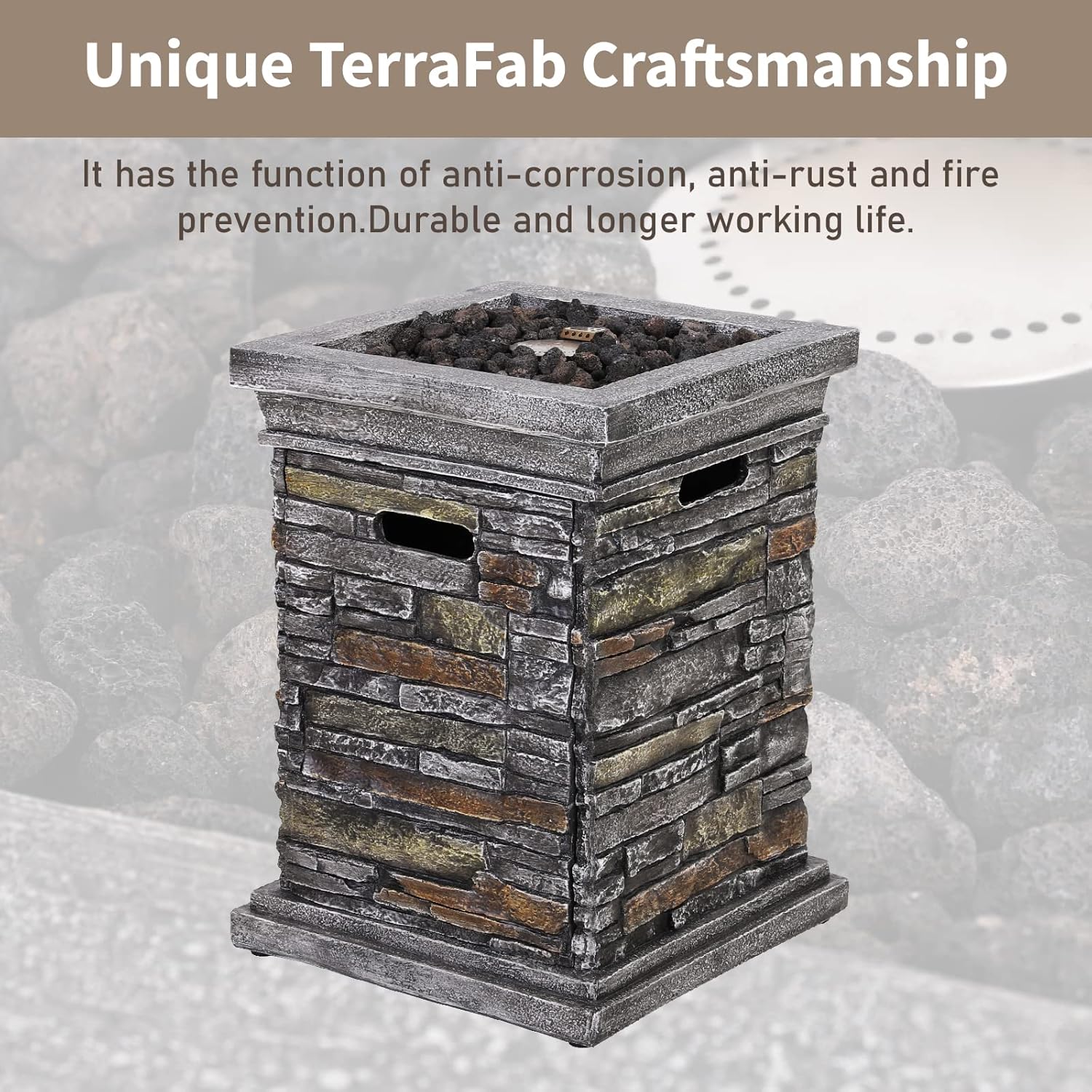 Gas Fire Pit 30,000 BTU Column Firepit Outdoor Propane Fire Pit for Patio Garden Camping Outdoor Fireplace Heating Terrafab Base with Lava Rocks and Waterproof Cover