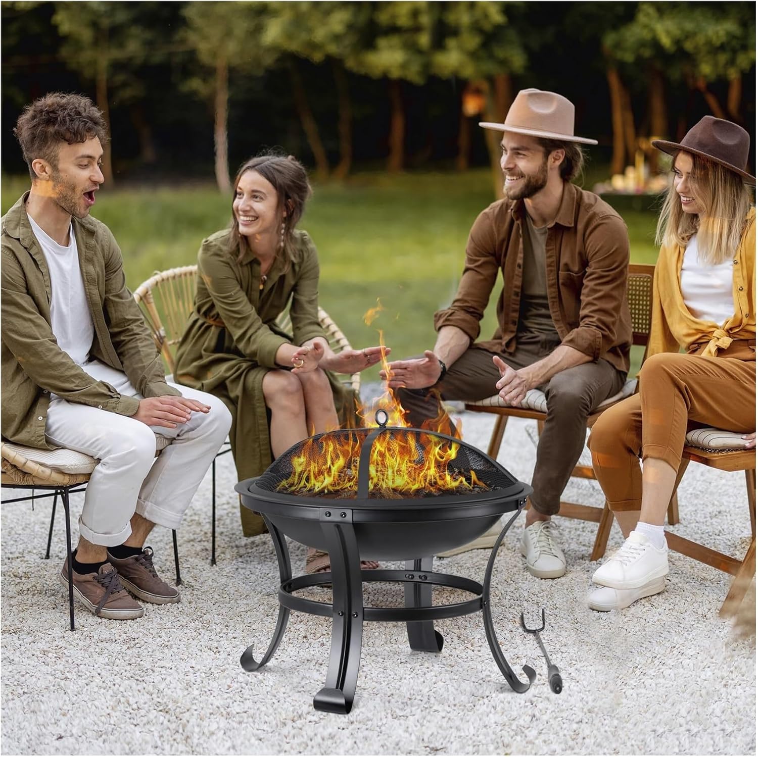22 Inch Portable Steel Fire Pit for Outdoor Use Lightweight Wood Burning Firepit Bowl with Log Grate and Poker for Backyard Patio Camping Bonfire and BBQ