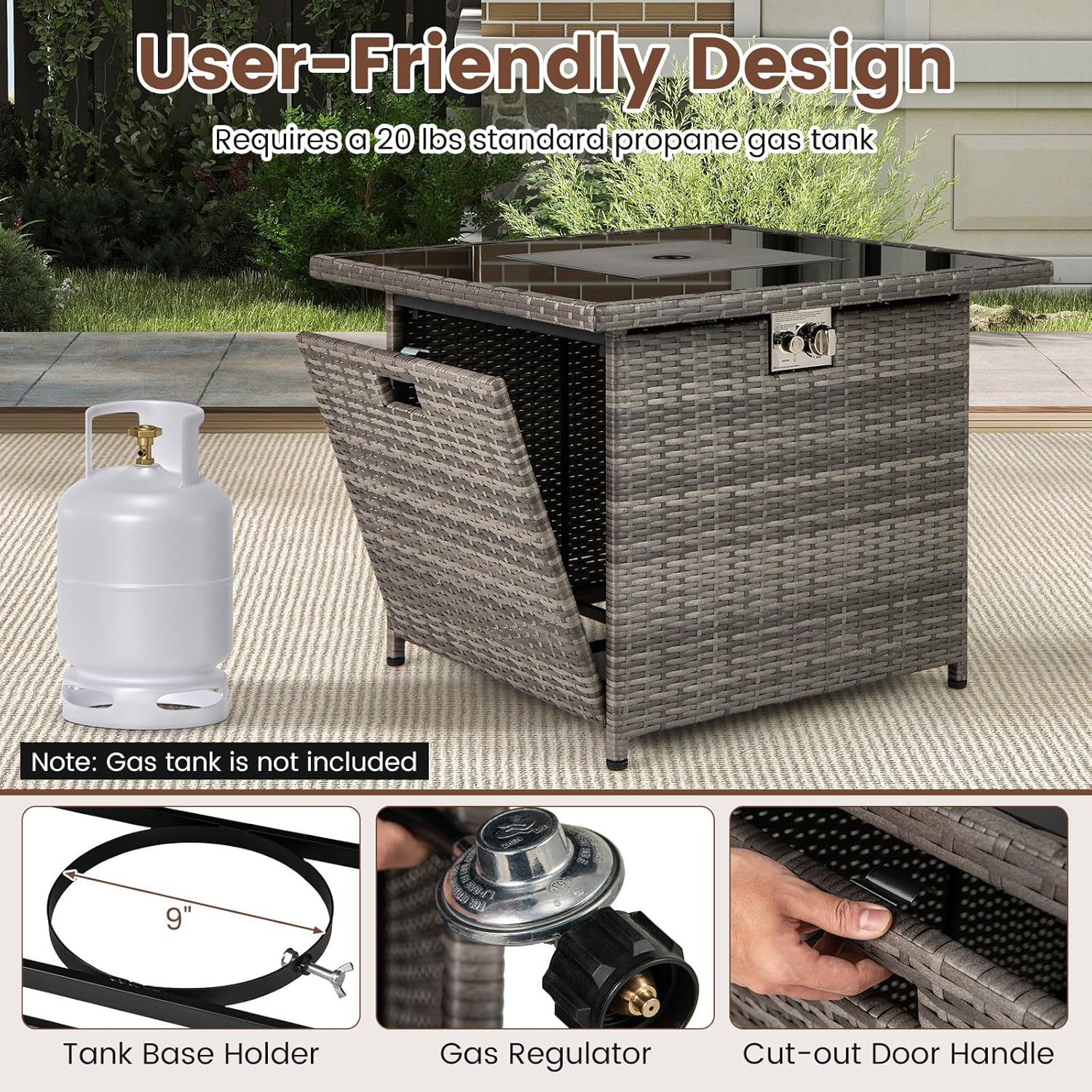 Tangkula 32.5 Inch Propane Fire Pit Table, Outdoor Rattan Gas Firepit with Tempered Glass Tabletop & Stainless Steel Burner, Square Fire Pit with Lava Rocks & Protective Cover for Outside Patio