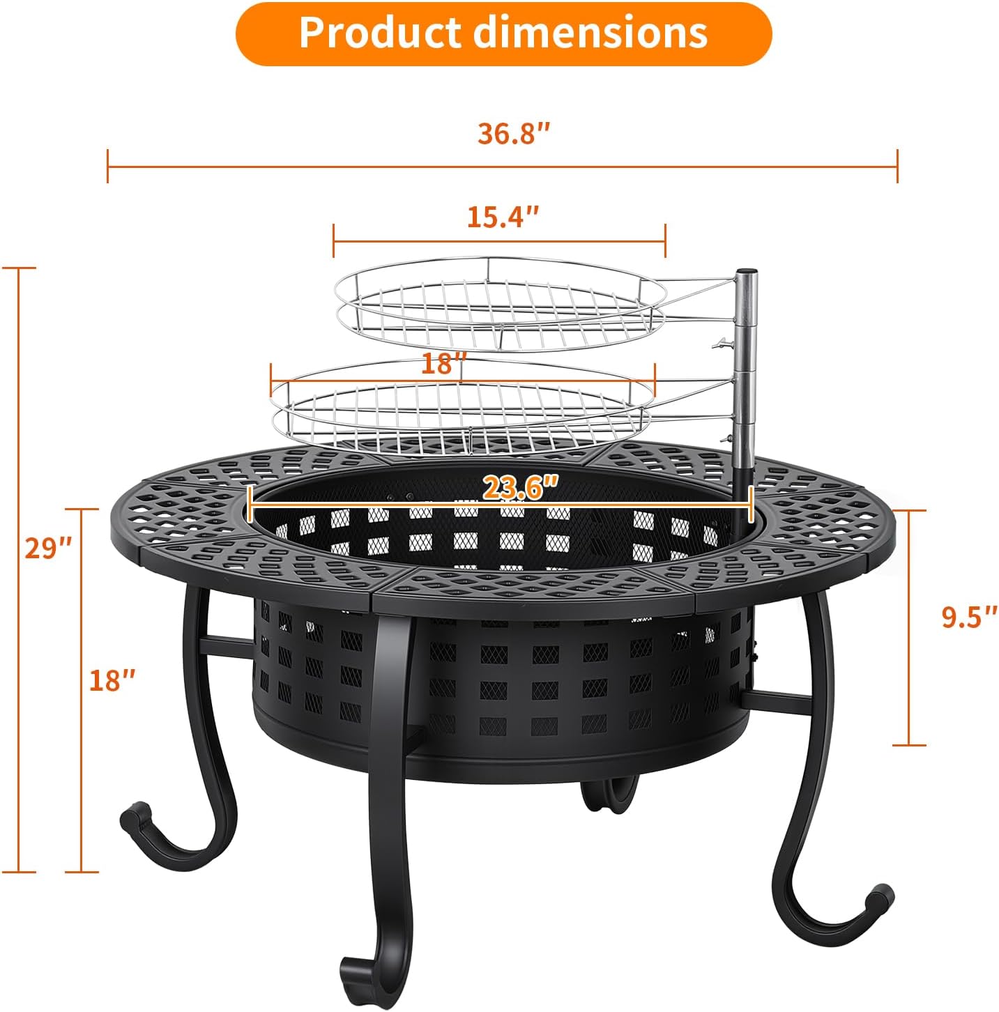 FDW 36 Inch Fire Pit with 2 Adjustable Grills, Wood Burning Outdoor Fire Pit with Lid, Poker & Waterproof Cover, 3-in-1 Fire Pit Table for BBQ, Bonfire & Patio Dining