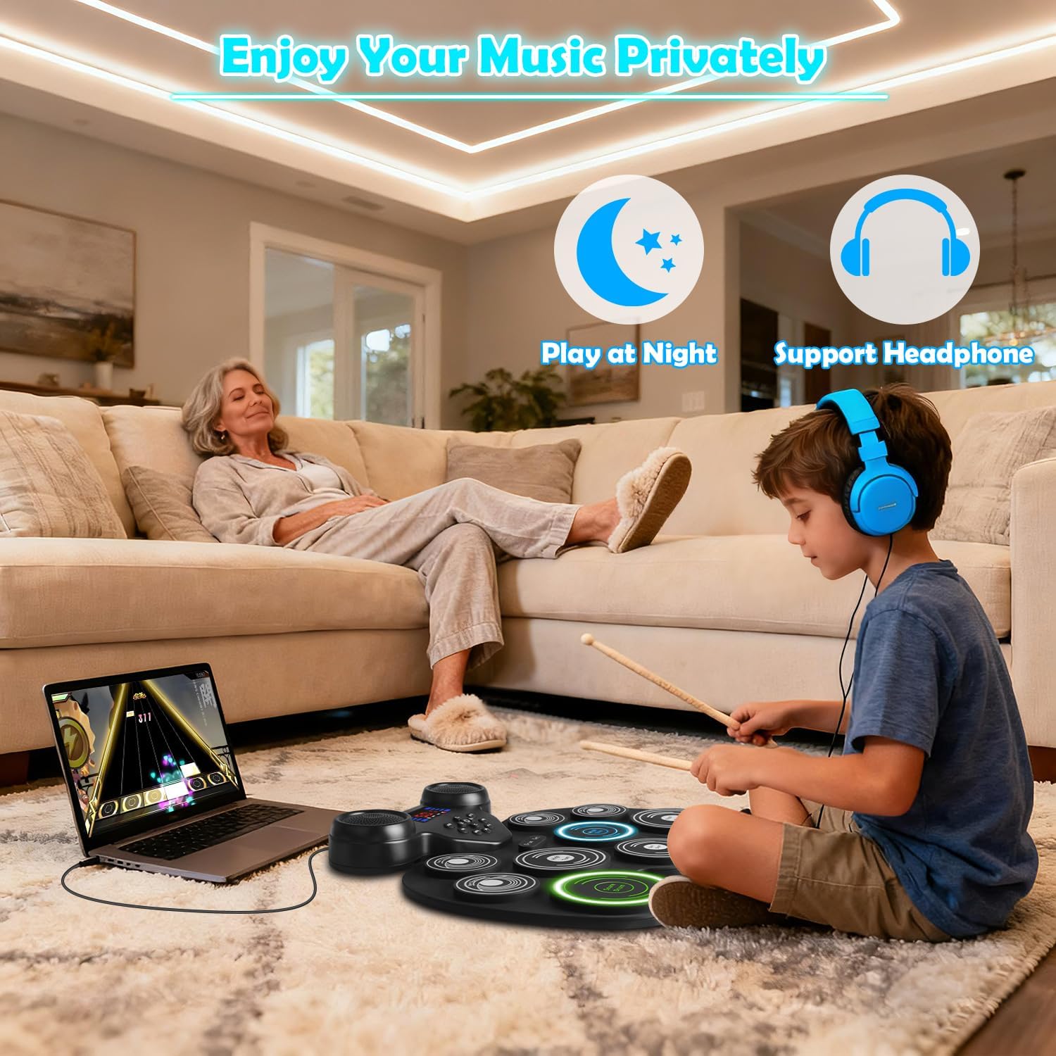 Electric Drum Set with 7-Color Dynamic LED Lights, 9-Pad Electronic Drum Set with Dual Speakers, Bluetooth MIDI, Portable Practice Drum Pad for Kids & Adult Beginners, Christmas Birthday Gift